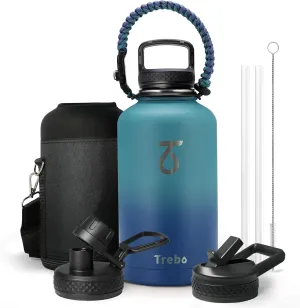 Trebo Insulated Water Bottle 64 oz, Half Gallon Metal Vacuum Water Jug with Handle and 3 Lids, Leakproof BPA-Free Water Flask Thermos for Gym Sports Hiking Travel, Keep Cold 48 Hours, Cyan Blue
