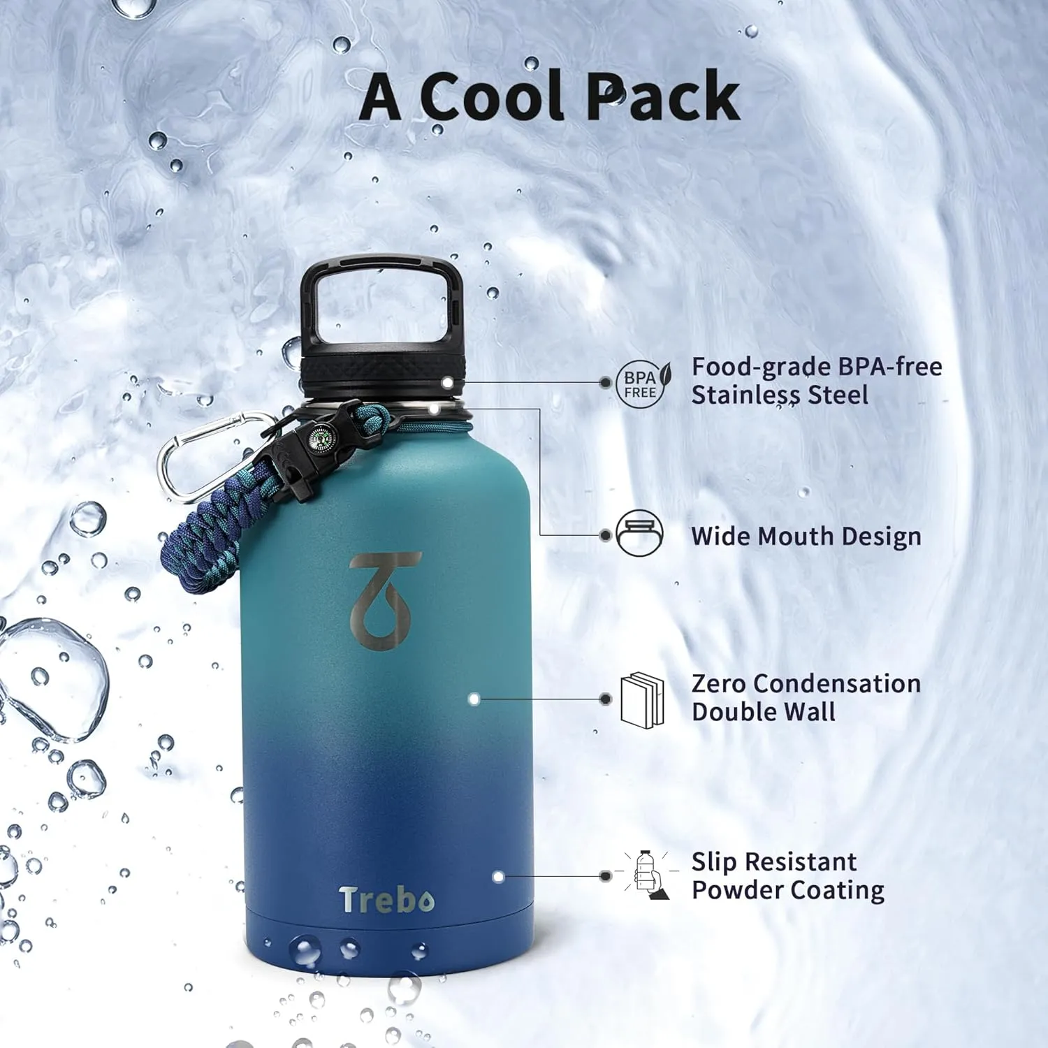 Trebo Insulated Water Bottle 64 oz, Half Gallon Metal Vacuum Water Jug with Handle and 3 Lids, Leakproof BPA-Free Water Flask Thermos for Gym Sports Hiking Travel, Keep Cold 48 Hours, Cyan Blue