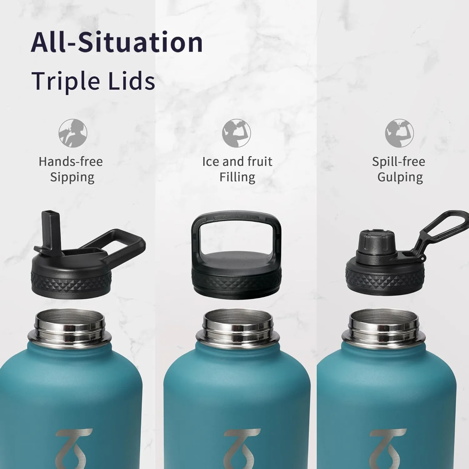 Trebo Insulated Water Bottle 64 oz, Half Gallon Metal Vacuum Water Jug with Handle and 3 Lids, Leakproof BPA-Free Water Flask Thermos for Gym Sports Hiking Travel, Keep Cold 48 Hours, Cyan Blue
