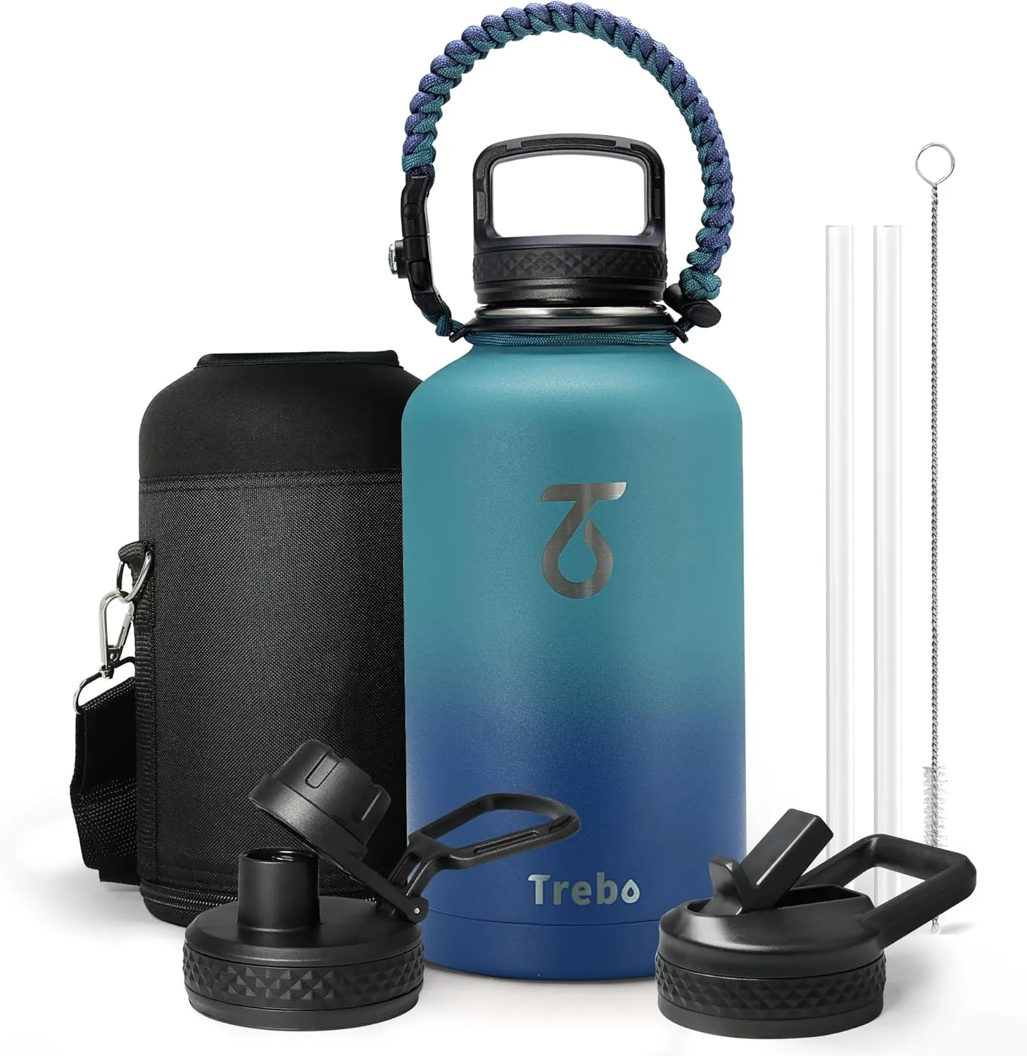 Trebo Insulated Water Bottle 64 oz, Half Gallon Metal Vacuum Water Jug with Handle and 3 Lids, Leakproof BPA-Free Water Flask Thermos for Gym Sports Hiking Travel, Keep Cold 48 Hours, Cyan Blue