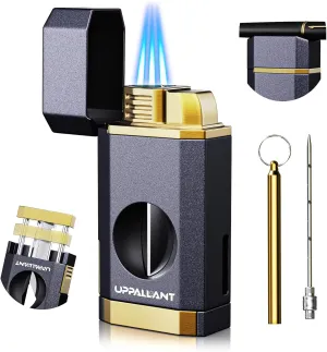 Triple Flame Torch Lighter with Built-in V Cutter, Holder and Draw Enhancer Tool, Butane Refillable Torch Lighter, Multifunctional Accessories Gift, Windproof Lighters for Candles and Outdoors