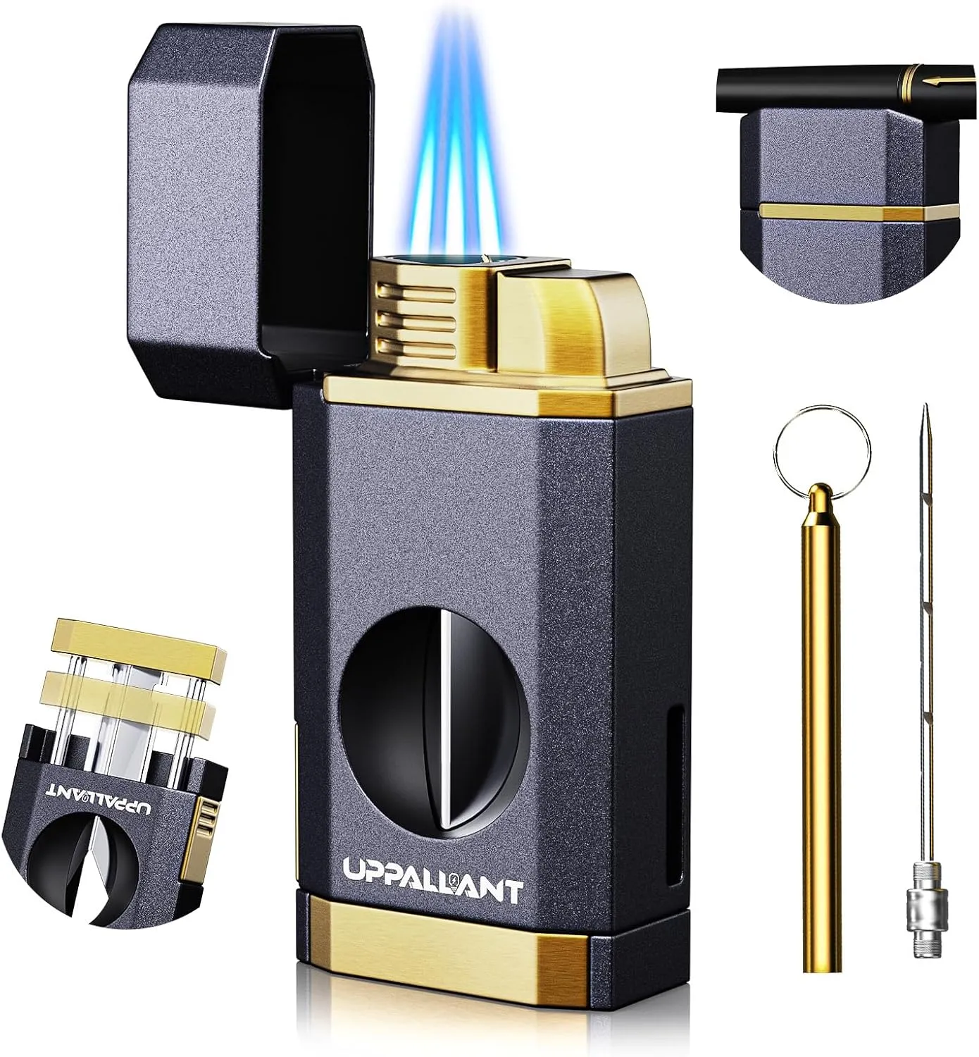 Triple Flame Torch Lighter with Built-in V Cutter, Holder and Draw Enhancer Tool, Butane Refillable Torch Lighter, Multifunctional Accessories Gift, Windproof Lighters for Candles and Outdoors