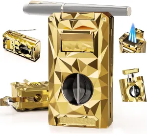 Triple Torch Lighter 5-in-1 with V Cutter, Punch, Holder, Draw Enhancer Tool, Windproof Jet Flames, Gifts for Men, Multi-Functional Accessories, Butane Refillable All-in-1 Lighter for Travel, Outdoors
