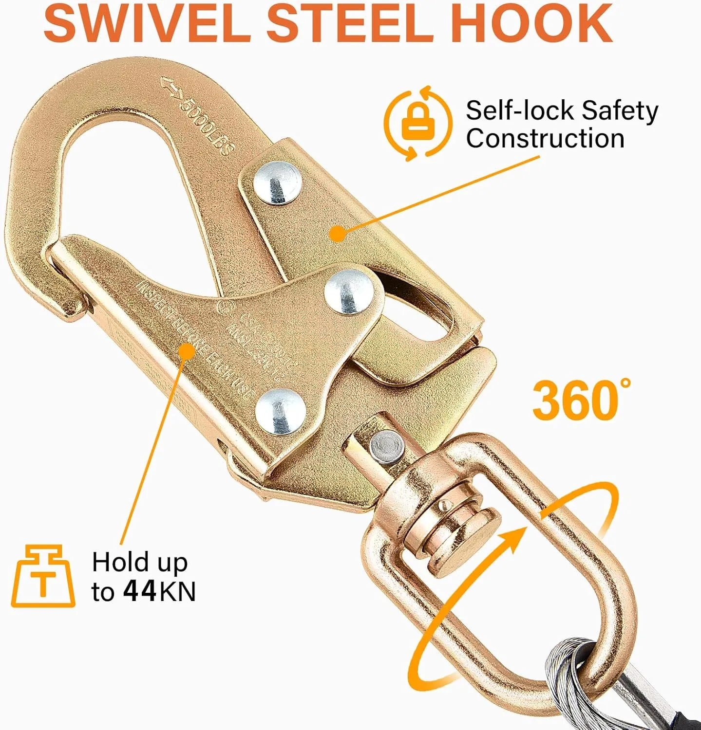 TRSMIMA Steel Wire Core Flipline - 8ft Fall Protection Arborist Climbing Tree Arborist 1/2" Galvanized Steel Cable Lanyard Kit with Steel Swivel Snap Hook Triple Lock Carabiner Rope Grab Adjuster