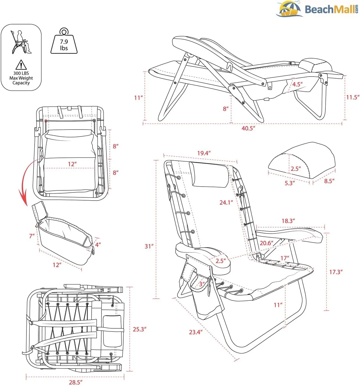 Ultimate Heavy Duty Aluminum Folding Backpack Beach Chair for Adults | Lay Flat, 5 Reclining Positions | Removable Insulated Cooler Pouch | 300 lbs Weight Capacity