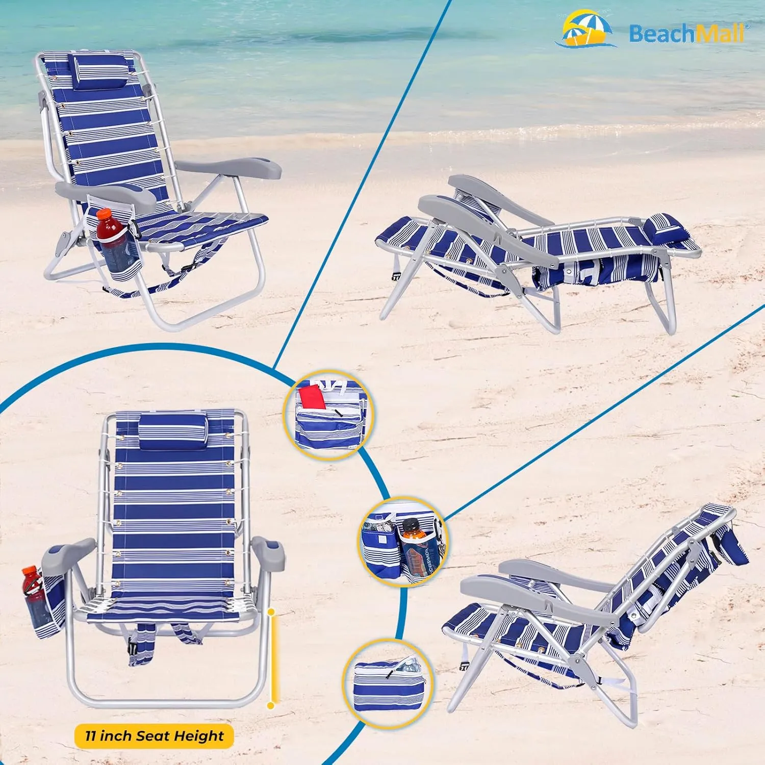 Ultimate Heavy Duty Aluminum Folding Backpack Beach Chair for Adults | Lay Flat, 5 Reclining Positions | Removable Insulated Cooler Pouch | 300 lbs Weight Capacity