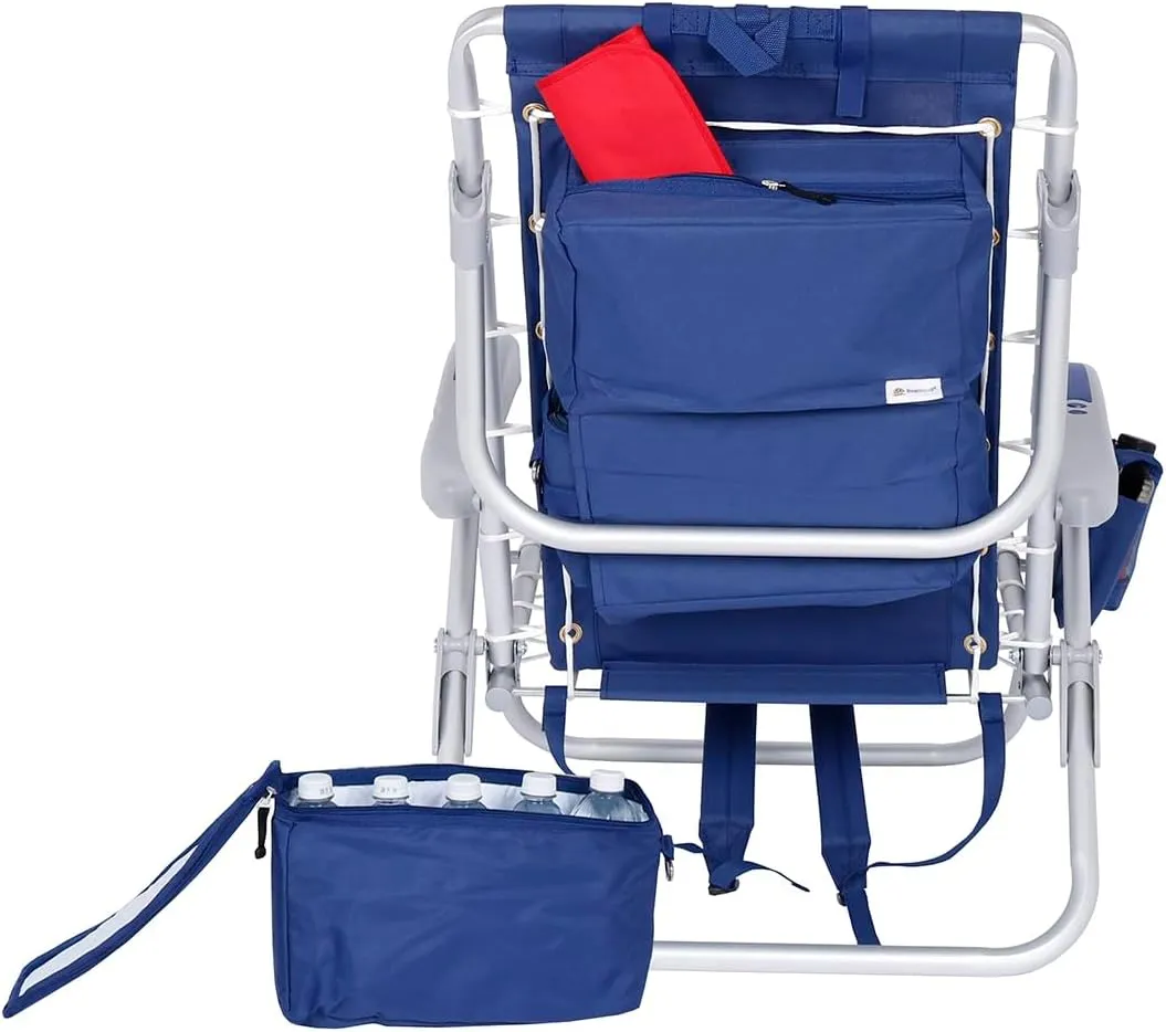 Ultimate Heavy Duty Aluminum Lace-Up Folding Backpack Beach Chair for Adults | Low Seat, Lay Flat, 5 Reclining Positions | Removable Insulated Cooler Pouch & Canopy for UV Protection