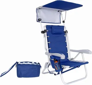 Ultimate Heavy Duty Aluminum Lace-Up Folding Backpack Beach Chair for Adults | Low Seat, Lay Flat, 5 Reclining Positions | Removable Insulated Cooler Pouch & Canopy for UV Protection