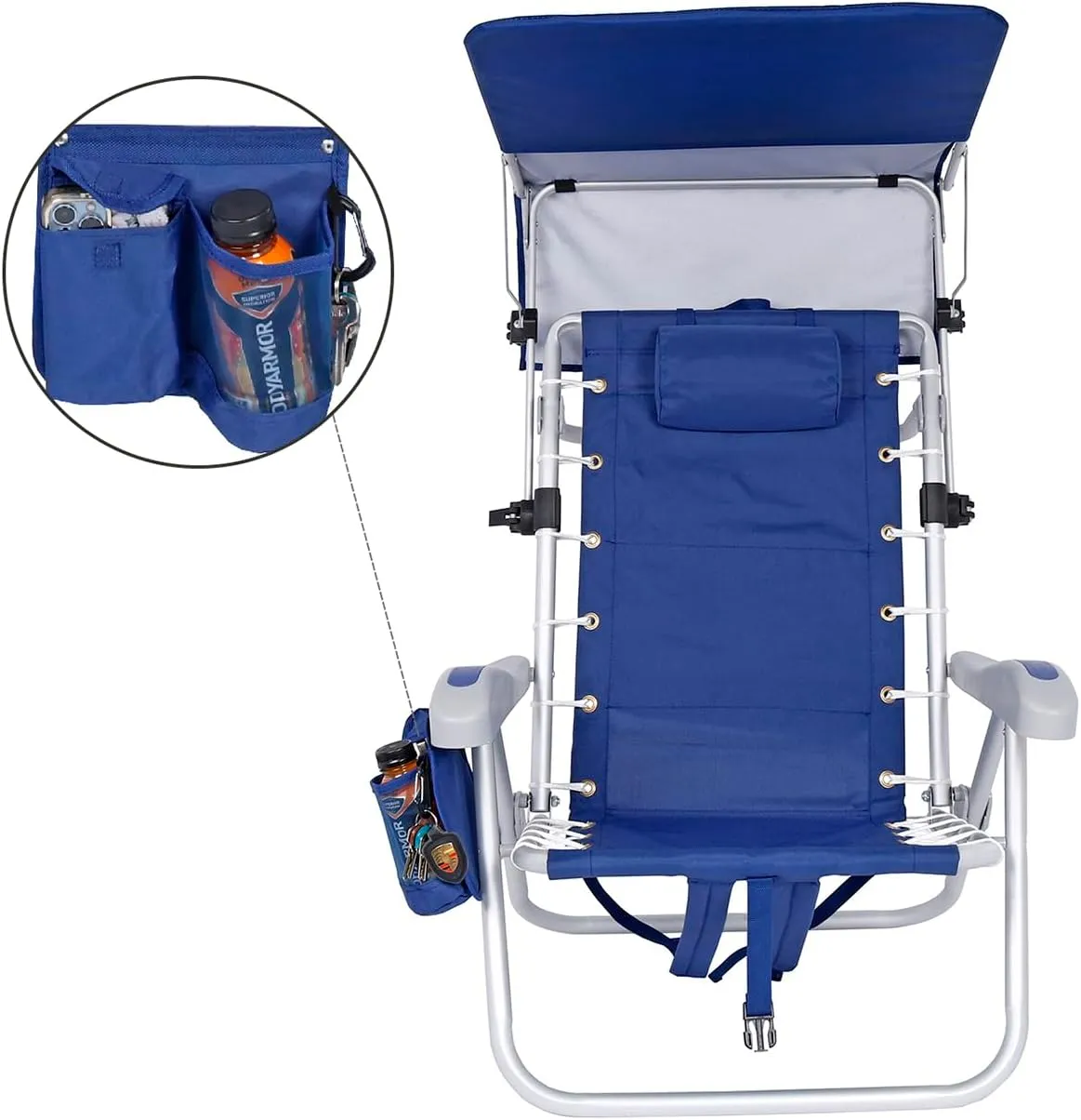 Ultimate Heavy Duty Aluminum Lace-Up Folding Backpack Beach Chair for Adults | Low Seat, Lay Flat, 5 Reclining Positions | Removable Insulated Cooler Pouch & Canopy for UV Protection
