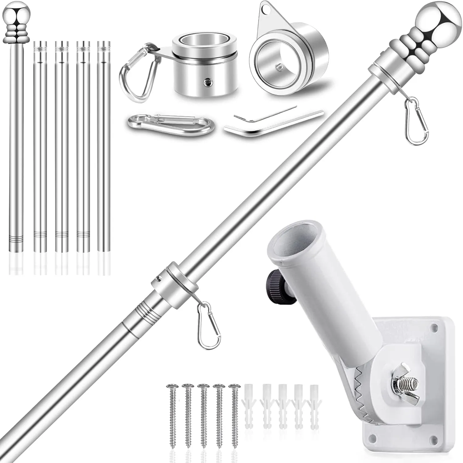 Upgraded Flag Pole Kit w/Mutil-Position Adjustable Bracket Holder & w/Spinning Rings - 5FT to 6Ft 1" Metal Flagpole Kit for 3x5 American Flag - House Wall Mount Flag Pole (6 FT, w/180° White Bracket)