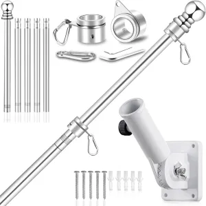 Upgraded Flag Pole Kit w/Mutil-Position Adjustable Bracket Holder & w/Spinning Rings - 5FT to 6Ft 1" Metal Flagpole Kit for 3x5 American Flag - House Wall Mount Flag Pole (6 FT, w/180° White Bracket)