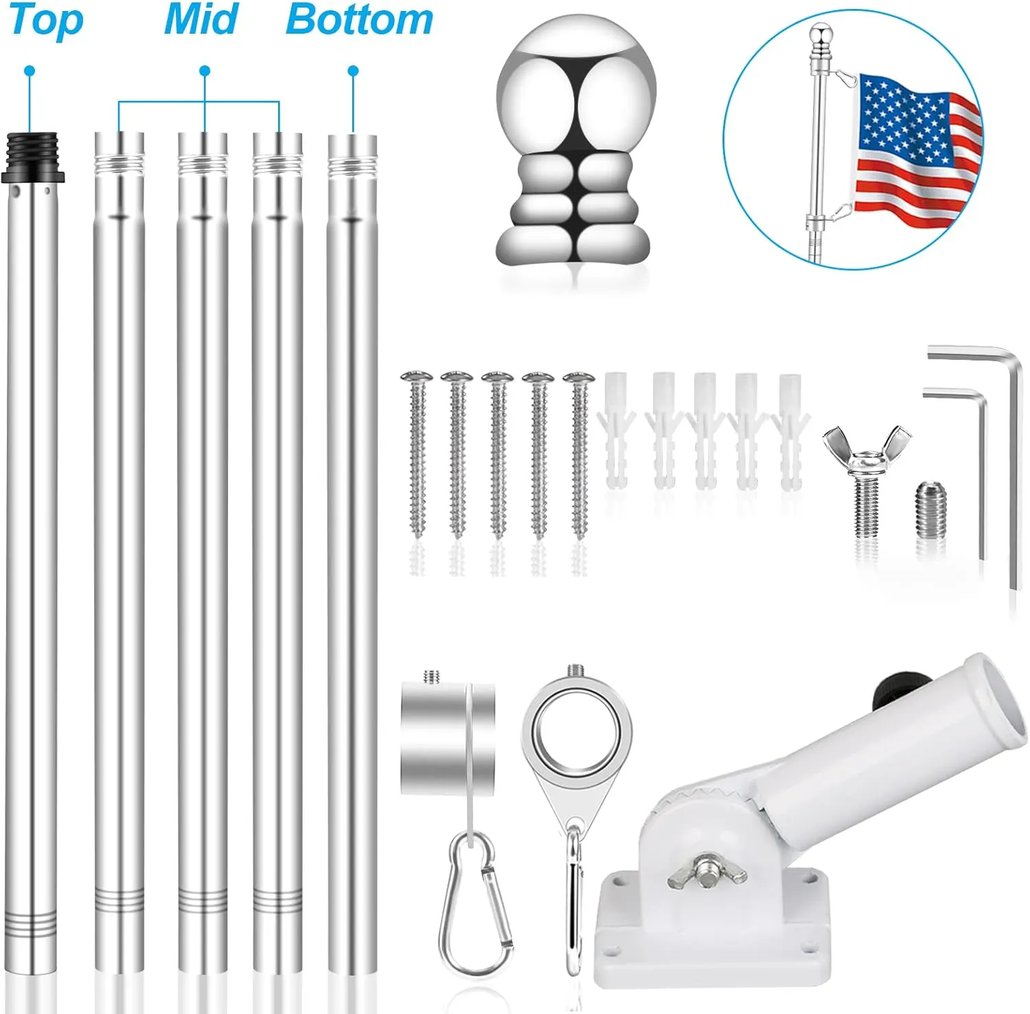 Upgraded Flag Pole Kit w/Mutil-Position Adjustable Bracket Holder & w/Spinning Rings - 5FT to 6Ft 1" Metal Flagpole Kit for 3x5 American Flag - House Wall Mount Flag Pole (6 FT, w/180° White Bracket)