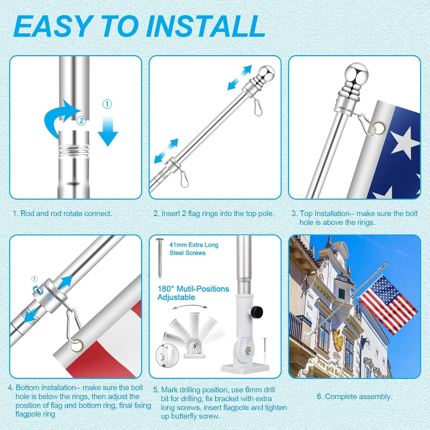Upgraded Flag Pole Kit w/Mutil-Position Adjustable Bracket Holder & w/Spinning Rings - 5FT to 6Ft 1" Metal Flagpole Kit for 3x5 American Flag - House Wall Mount Flag Pole (6 FT, w/180° White Bracket)