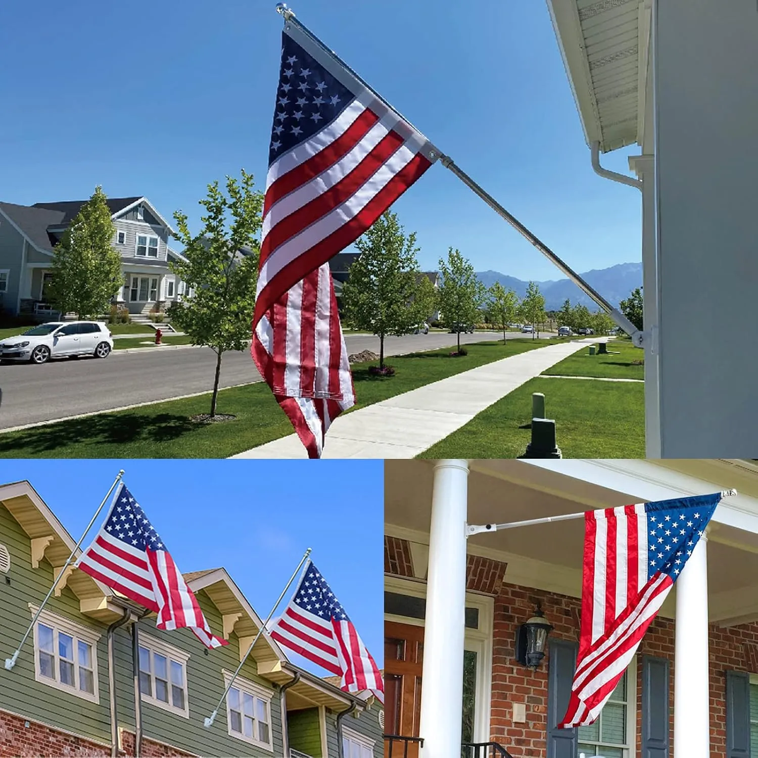 Upgraded Flag Pole Kit w/Mutil-Position Adjustable Bracket Holder & w/Spinning Rings - 5FT to 6Ft 1" Metal Flagpole Kit for 3x5 American Flag - House Wall Mount Flag Pole (6 FT, w/180° White Bracket)