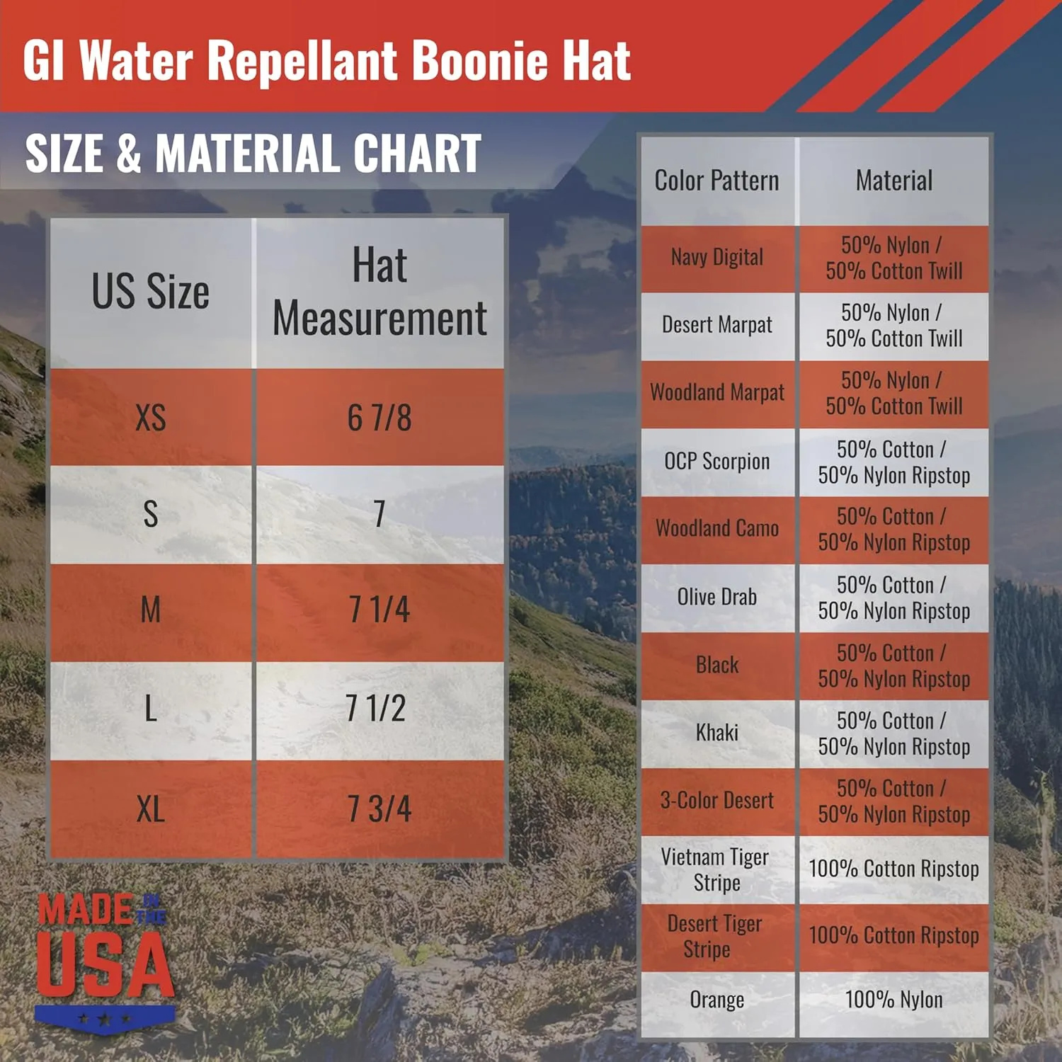 US Military Surplus GI Water Repellant Boonie Hat, Made in USA