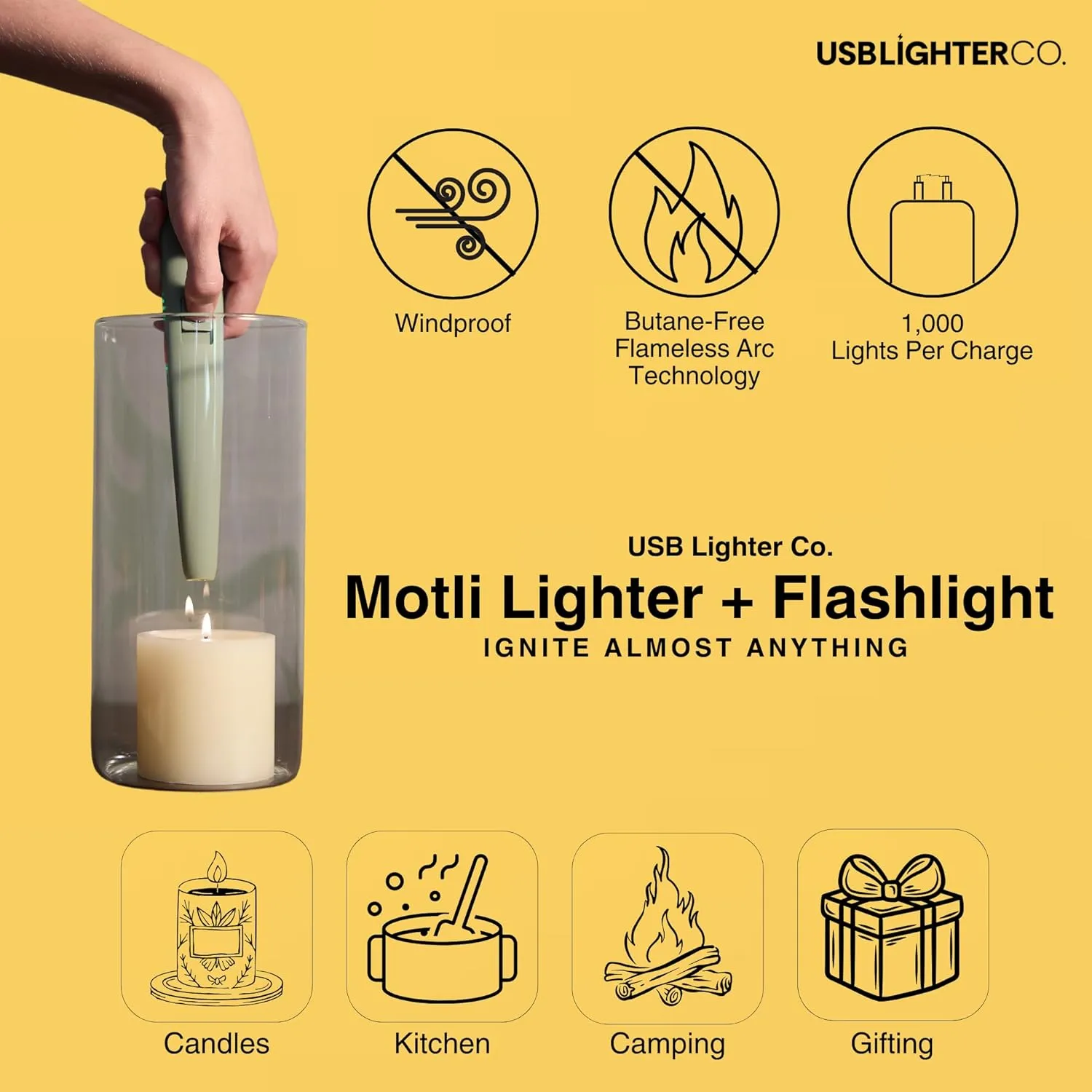 USB Lighter Co. MOTLI Electric Arc Windproof Flameless USB Rechargeable Lighter with Flashlight & Safety Lock for Candle Camping BBQ Grill Gift Outdoors (Lavender)