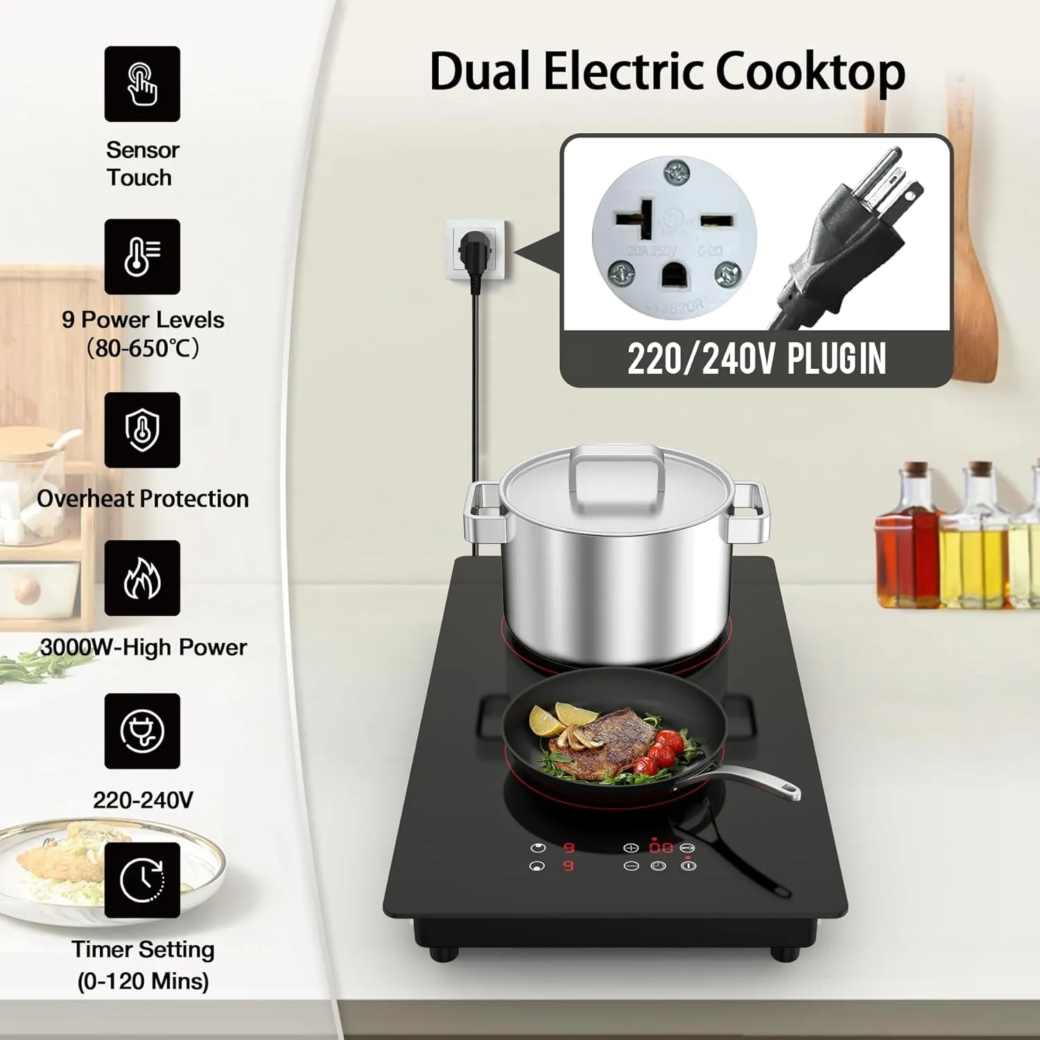 VBGK Electric Cooktop, 3000W 12 inch 2 Burner Electric Stove Top, Built-in & Countertop, 220V Plug, 9 Power Levels, Kids Lock & Timer, LED Touch Control, Overheat Protection