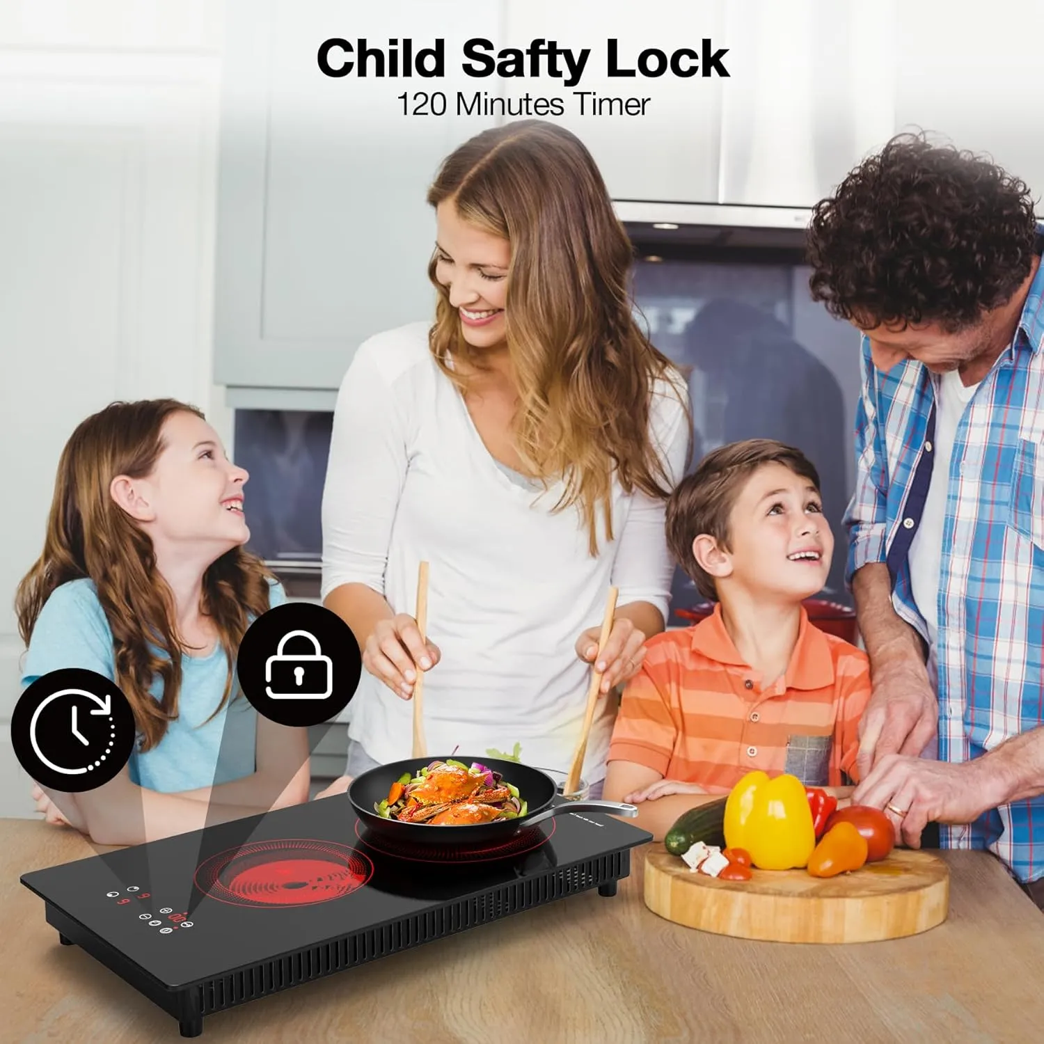 VBGK Electric Cooktop, 3000W 12 inch 2 Burner Electric Stove Top, Built-in & Countertop, 220V Plug, 9 Power Levels, Kids Lock & Timer, LED Touch Control, Overheat Protection