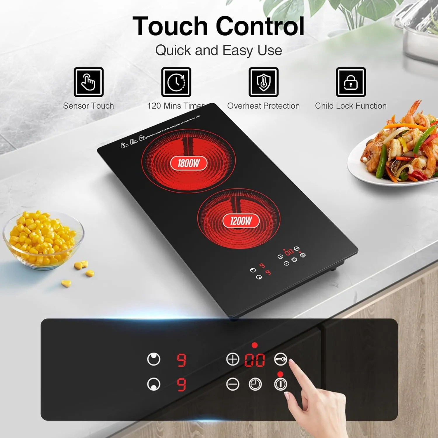 VBGK Electric Cooktop, 3000W 12 inch 2 Burner Electric Stove Top, Built-in & Countertop, 220V Plug, 9 Power Levels, Kids Lock & Timer, LED Touch Control, Overheat Protection