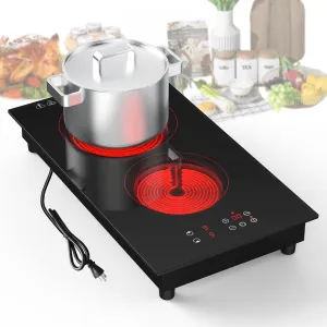 VBGK Electric Cooktop, 3000W 12 inch 2 Burner Electric Stove Top, Built-in & Countertop, 220V Plug, 9 Power Levels, Kids Lock & Timer, LED Touch Control, Overheat Protection