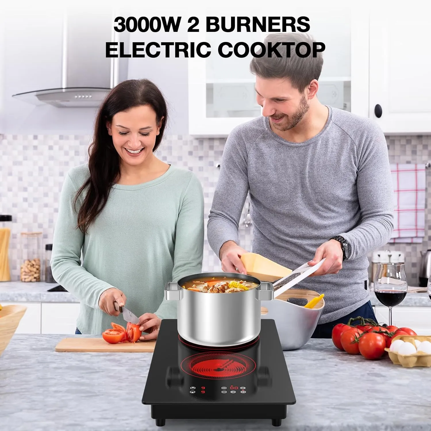 VBGK Electric Cooktop, 3000W 12 inch 2 Burner Electric Stove Top, Built-in & Countertop, 220V Plug, 9 Power Levels, Kids Lock & Timer, LED Touch Control, Overheat Protection
