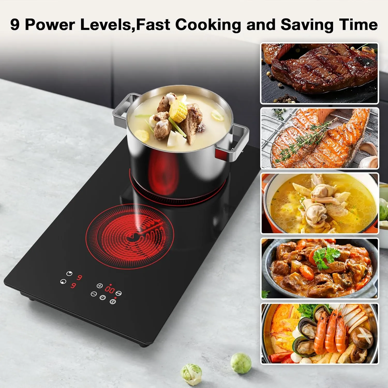 VBGK Electric Cooktop, 3000W 12 inch 2 Burner Electric Stove Top, Built-in & Countertop, 220V Plug, 9 Power Levels, Kids Lock & Timer, LED Touch Control, Overheat Protection