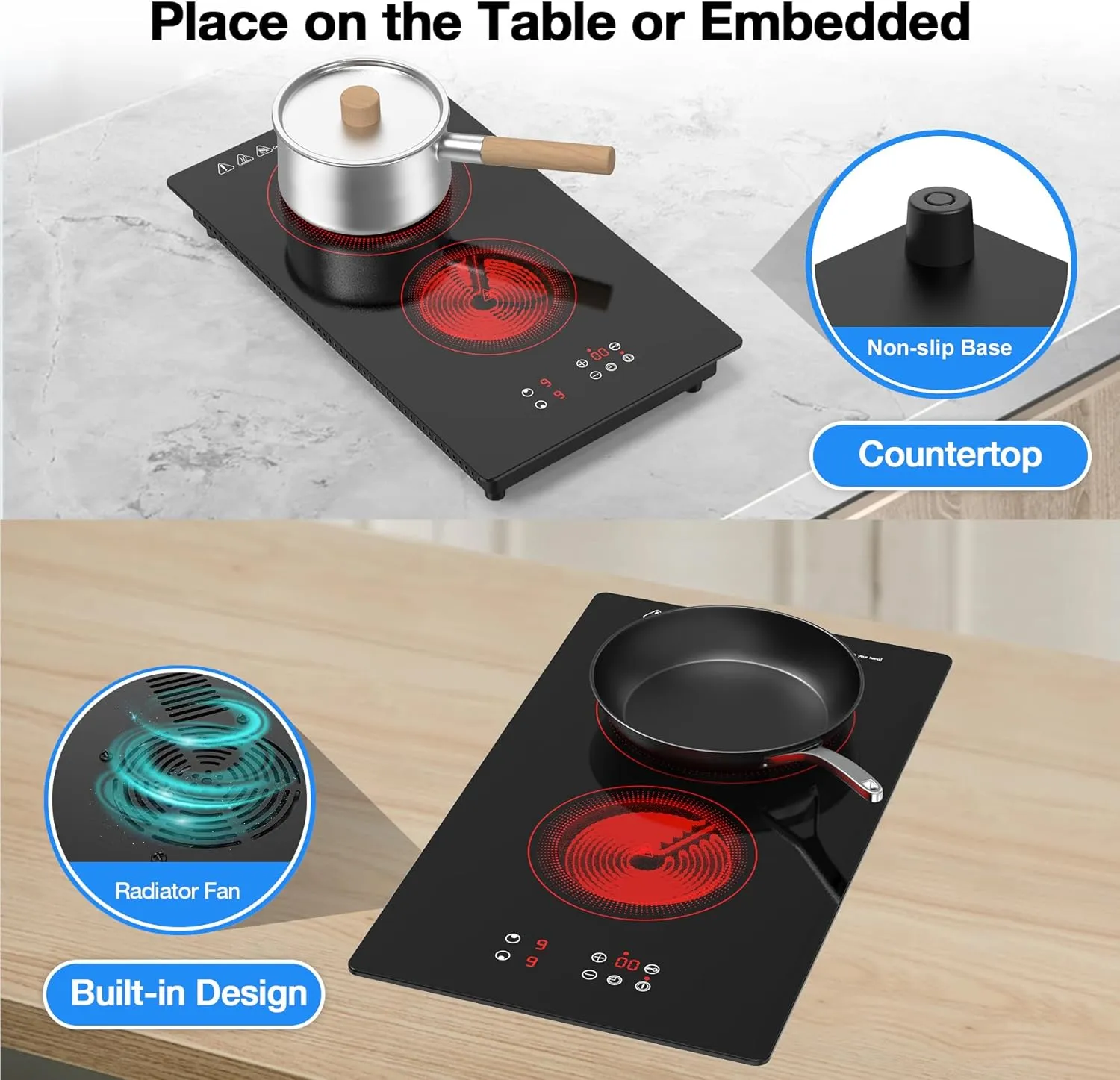 VBGK Electric Cooktop, 3000W 12 inch 2 Burner Electric Stove Top, Built-in & Countertop, 220V Plug, 9 Power Levels, Kids Lock & Timer, LED Touch Control, Overheat Protection
