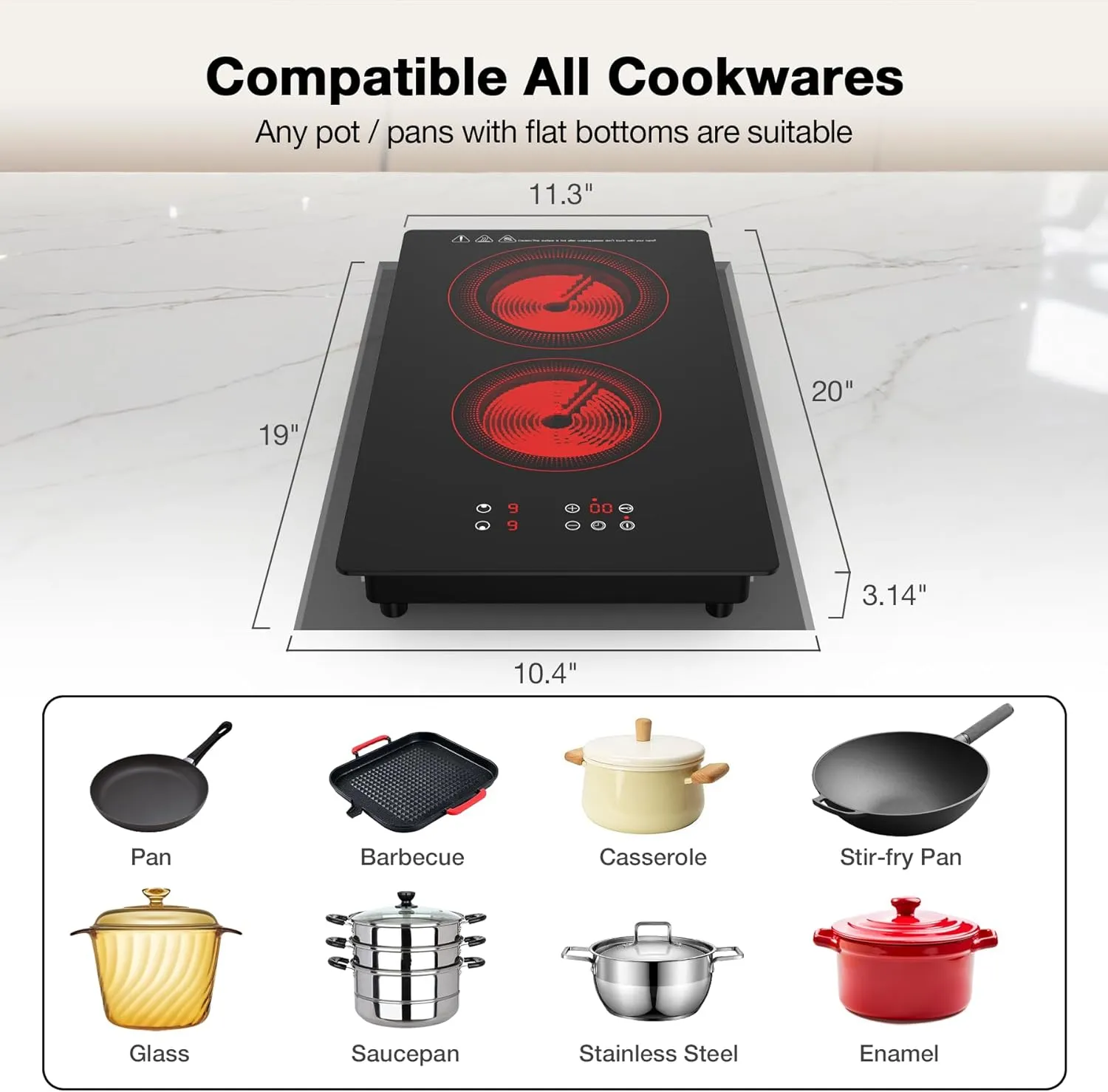 VBGK Electric Cooktop, 3000W 12 inch 2 Burner Electric Stove Top, Built-in & Countertop, 220V Plug, 9 Power Levels, Kids Lock & Timer, LED Touch Control, Overheat Protection