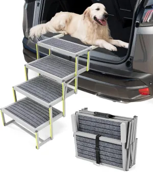 Veehoo Dog Stairs for Car, Aluminum Folding Dog Steps for Cars Truck and SUV, Portable Dog Car Ramp for Large Dogs with Non-Slip Surface, Supports Up to 200 Lb, 4 Steps