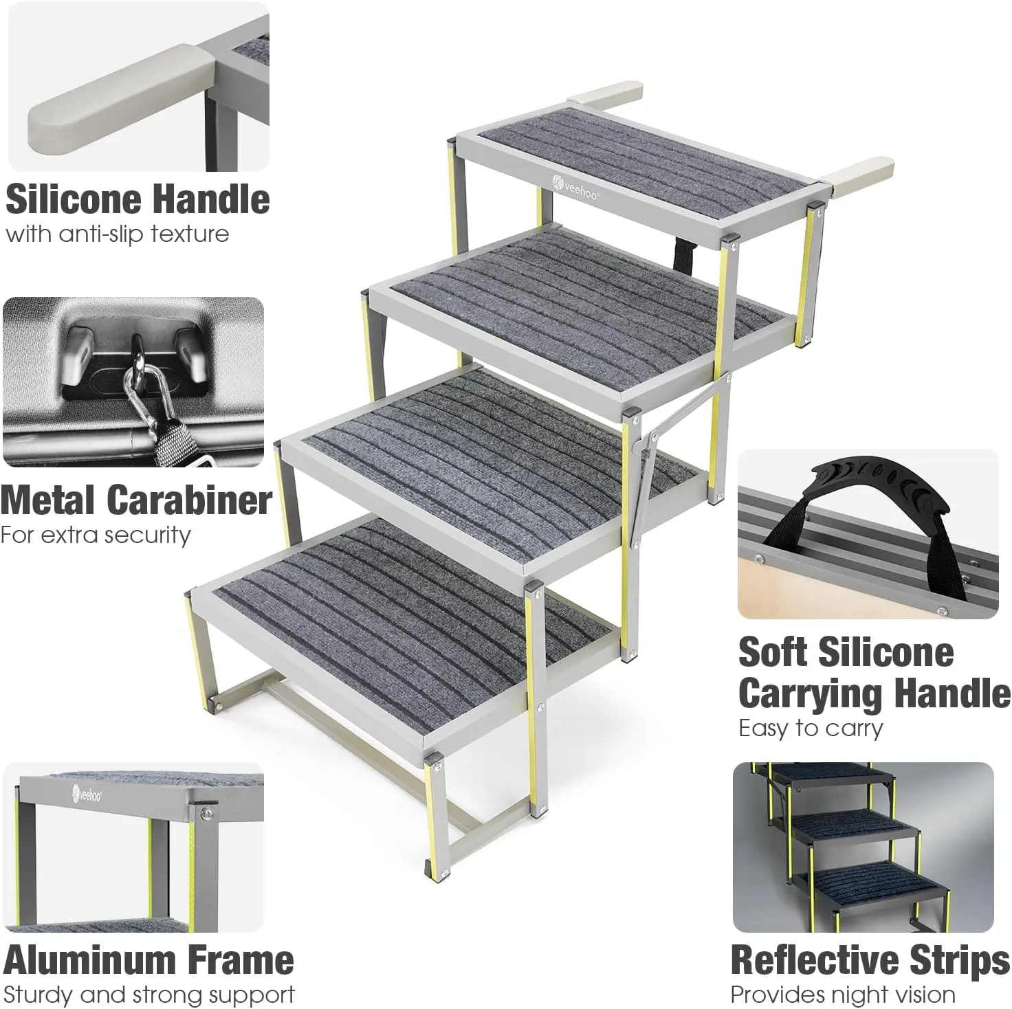 Veehoo Dog Stairs for Car, Aluminum Folding Dog Steps for Cars Truck and SUV, Portable Dog Car Ramp for Large Dogs with Non-Slip Surface, Supports Up to 200 Lb, 4 Steps