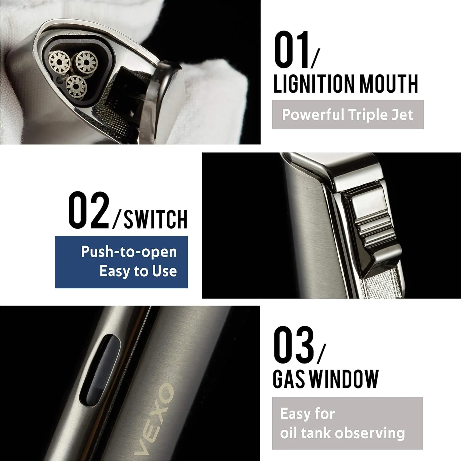 VEXO Unique Torch Triple Jet Flame Lighter with Gas Window, Refillable Windproof Lighter, Great Gift Idea (Butane NOT Included) (Black)