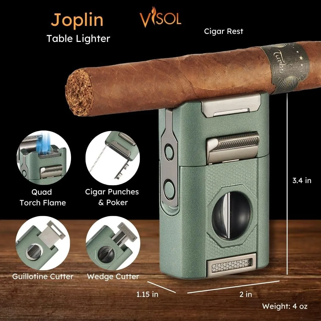 Visol Joplin Quad Torch Multi-Tool Table Lighter, Built in Guillotine and Wedge Cutters, Butane Refillable Adjustable Flame Lighter (Shipped Without Butane) (Green)
