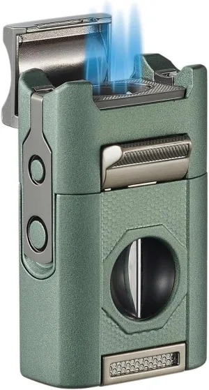 Visol Joplin Quad Torch Multi-Tool Table Lighter, Built in Guillotine and Wedge Cutters, Butane Refillable Adjustable Flame Lighter (Shipped Without Butane) (Green)