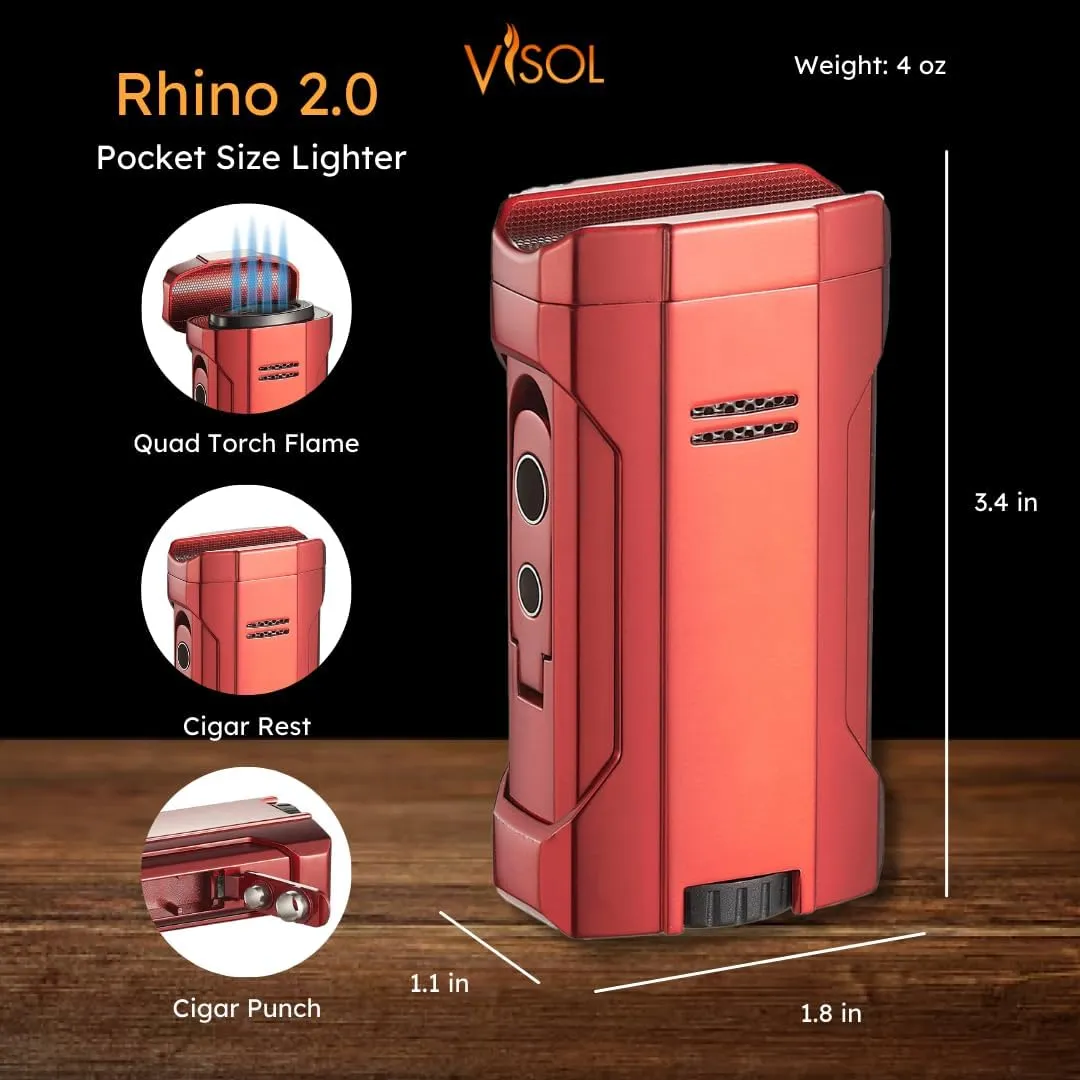 Visol Rhino 2.0 Butane Torch Lighter Quad Flame Refillable Gas Lighter, Built-in Rest, Two Built in Punches, Windproof Adjustable Flame Lighter (Shipped Without Butane)