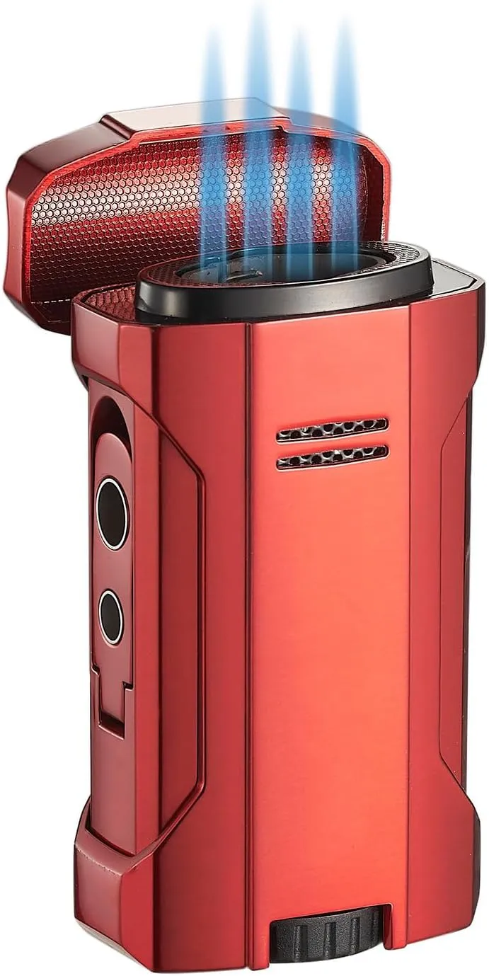 Visol Rhino 2.0 Butane Torch Lighter Quad Flame Refillable Gas Lighter, Built-in Rest, Two Built in Punches, Windproof Adjustable Flame Lighter (Shipped Without Butane)