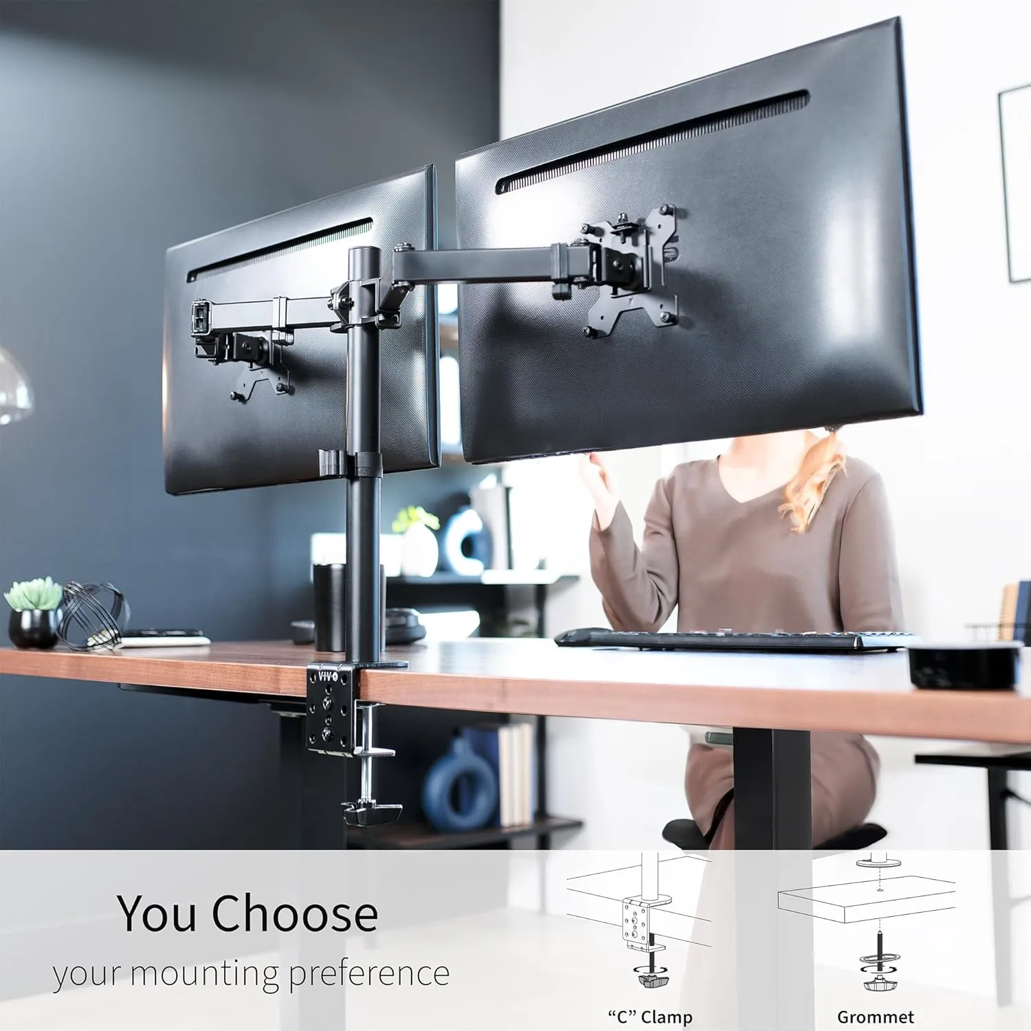 VIVO Dual Monitor Desk Mount, Heavy Duty Fully Adjustable Steel Stand, Holds 2 Computer Screens up to 30 inches and Max 22lbs Each, Black, STAND-V002