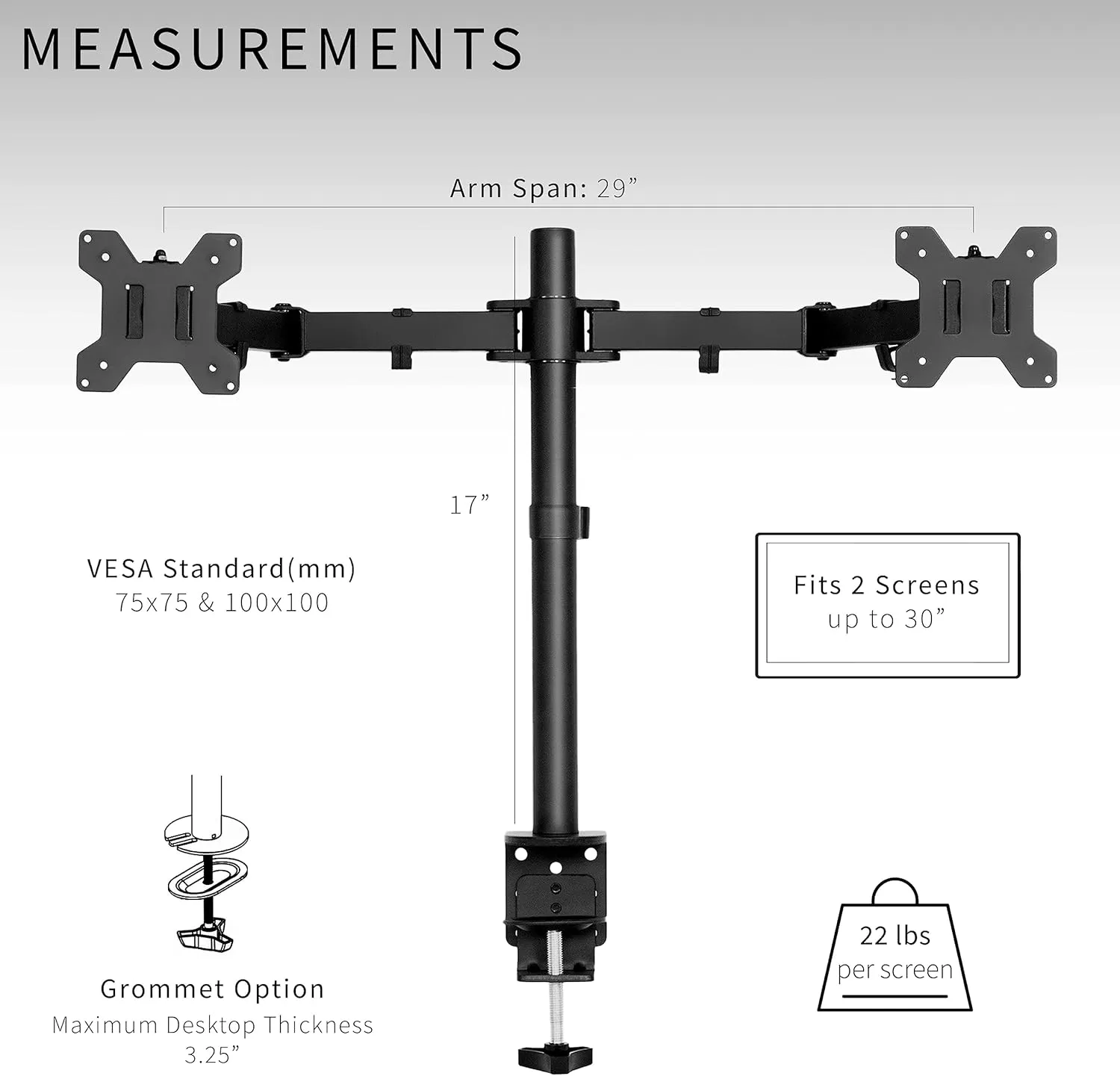VIVO Dual Monitor Desk Mount, Heavy Duty Fully Adjustable Steel Stand, Holds 2 Computer Screens up to 30 inches and Max 22lbs Each, Black, STAND-V002