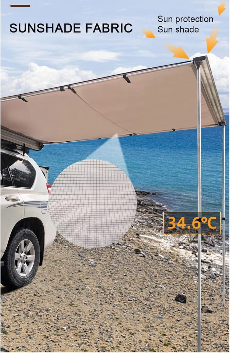 Waterproof Car Side Awning Sun Shelter, Portable Car Awning Camping Tarp with Adjustable Tarp Poles for for SUV, Camping, Outdoor