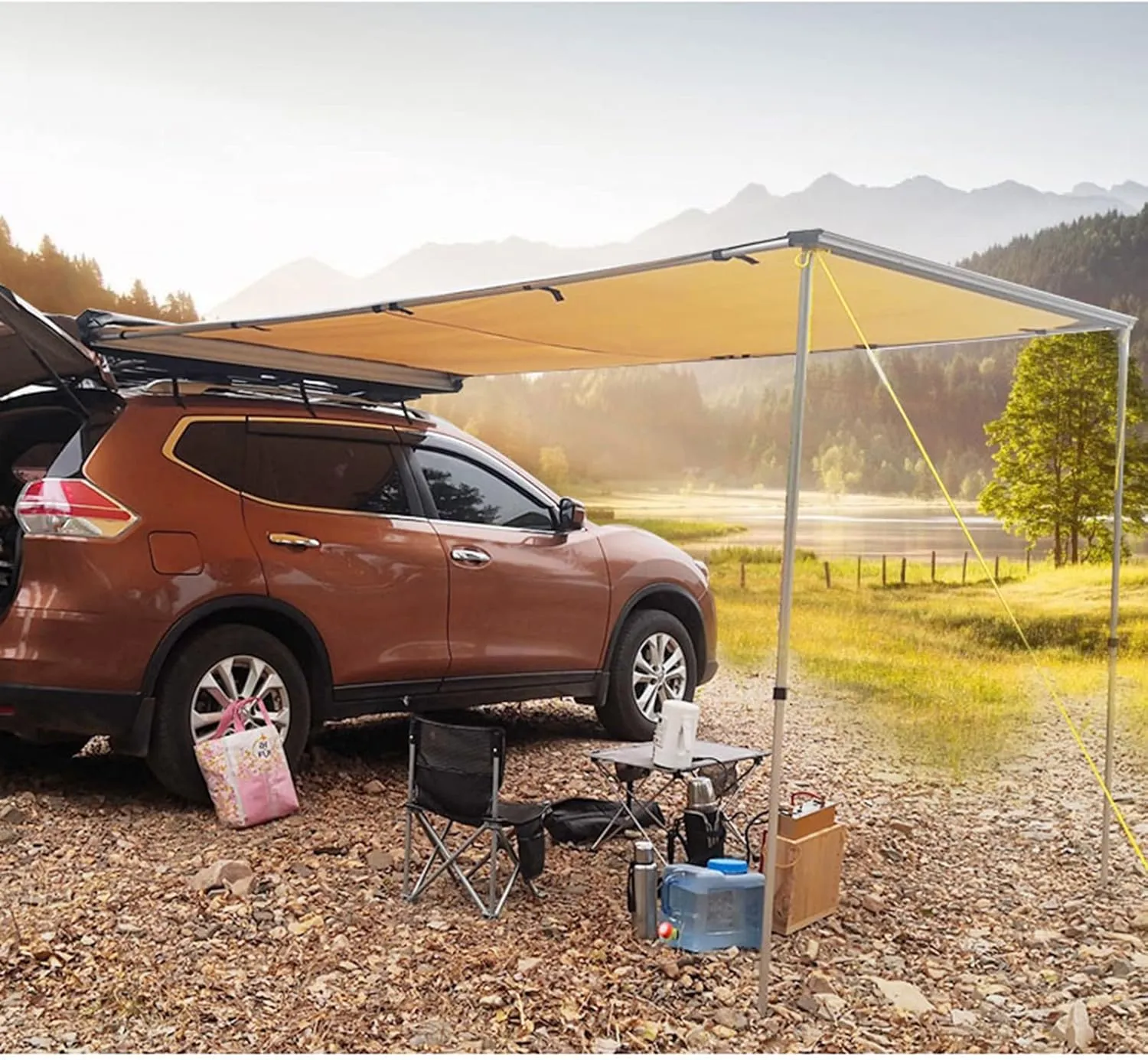 Waterproof Car Side Awning Sun Shelter, Portable Car Awning Camping Tarp with Adjustable Tarp Poles for for SUV, Camping, Outdoor