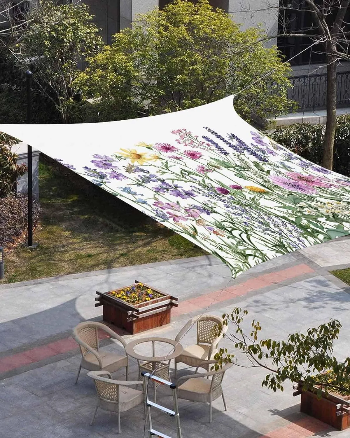 Waterproof Sun Shade Sail Spring Rustic Wildflowers Pink Daisy Lavender Flower Outdoor Patio Sun Shades Canopy UV Block Waterproof Sunshade for Garden Backyard Deck Pergola 12x16 Ft