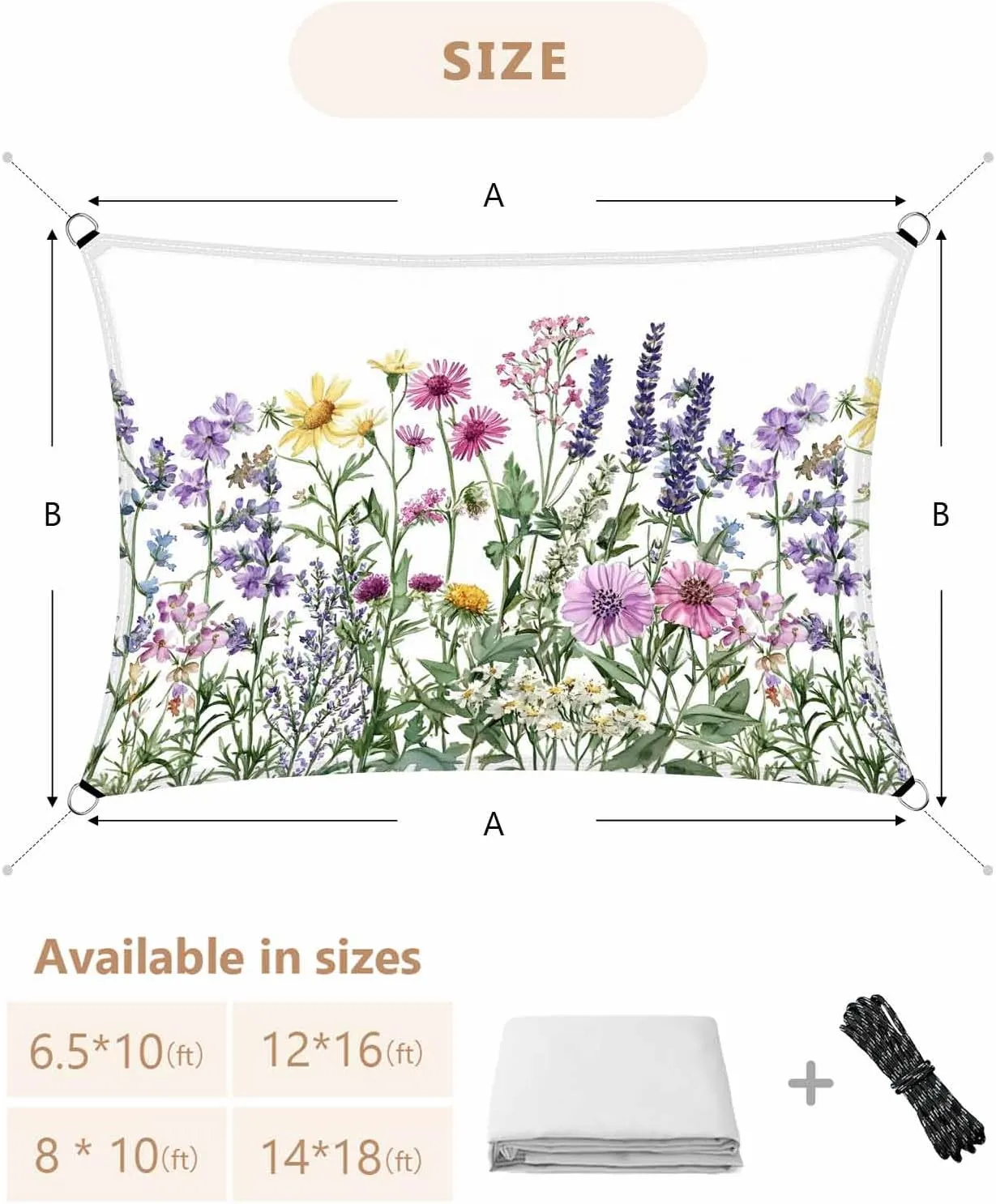 Waterproof Sun Shade Sail Spring Rustic Wildflowers Pink Daisy Lavender Flower Outdoor Patio Sun Shades Canopy UV Block Waterproof Sunshade for Garden Backyard Deck Pergola 12x16 Ft