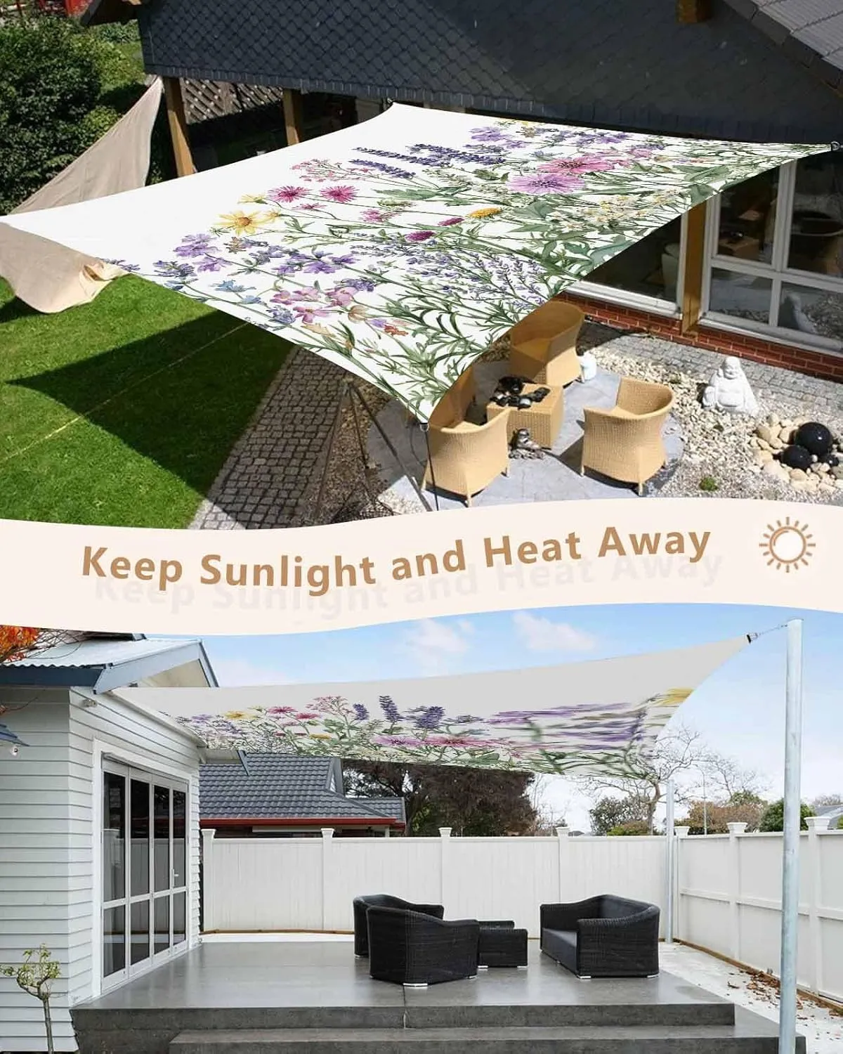 Waterproof Sun Shade Sail Spring Rustic Wildflowers Pink Daisy Lavender Flower Outdoor Patio Sun Shades Canopy UV Block Waterproof Sunshade for Garden Backyard Deck Pergola 12x16 Ft