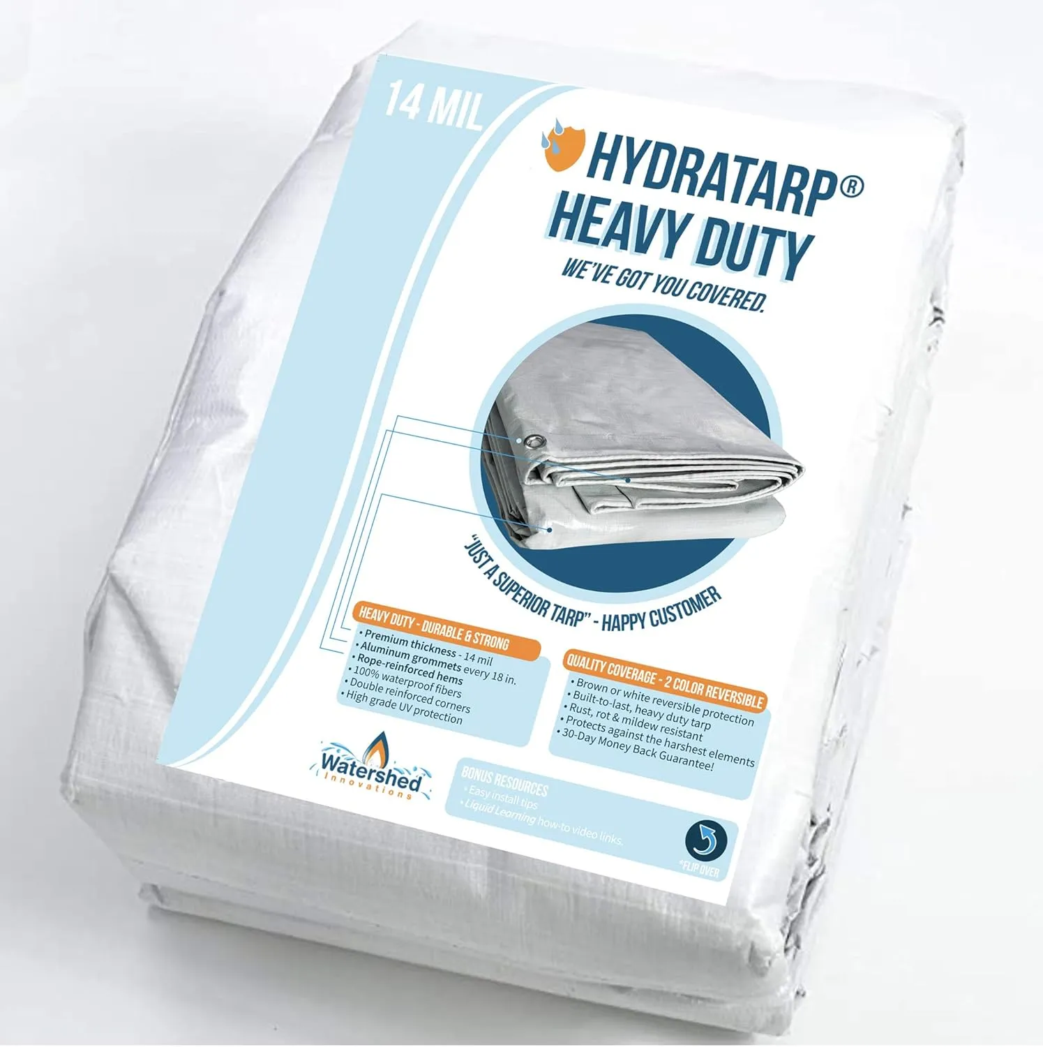 Watershed Innovations HydraTarp 20ft X 30ft Heavy Duty Waterproof Tarp - 14mil Thick - White/Brown Reversible Tarp