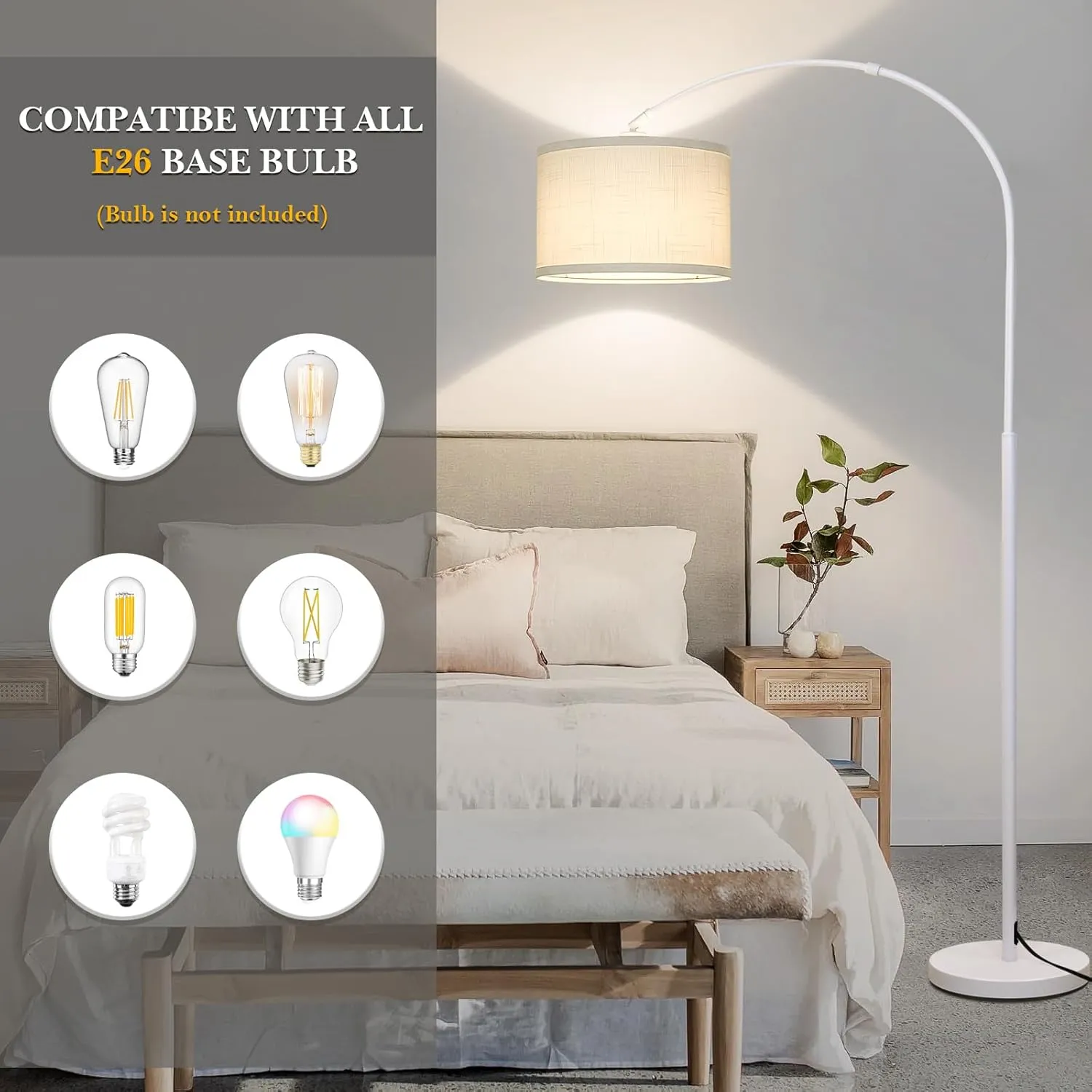 White Arc Floor Lamp, Modern Floor Lamp for Living Room with Adjustable Lamp Head, Tall Pole Standing Lamp with On/Off Pedal Switch, Over Couch Arched Reading Light for Bedroom, Office, Study Room