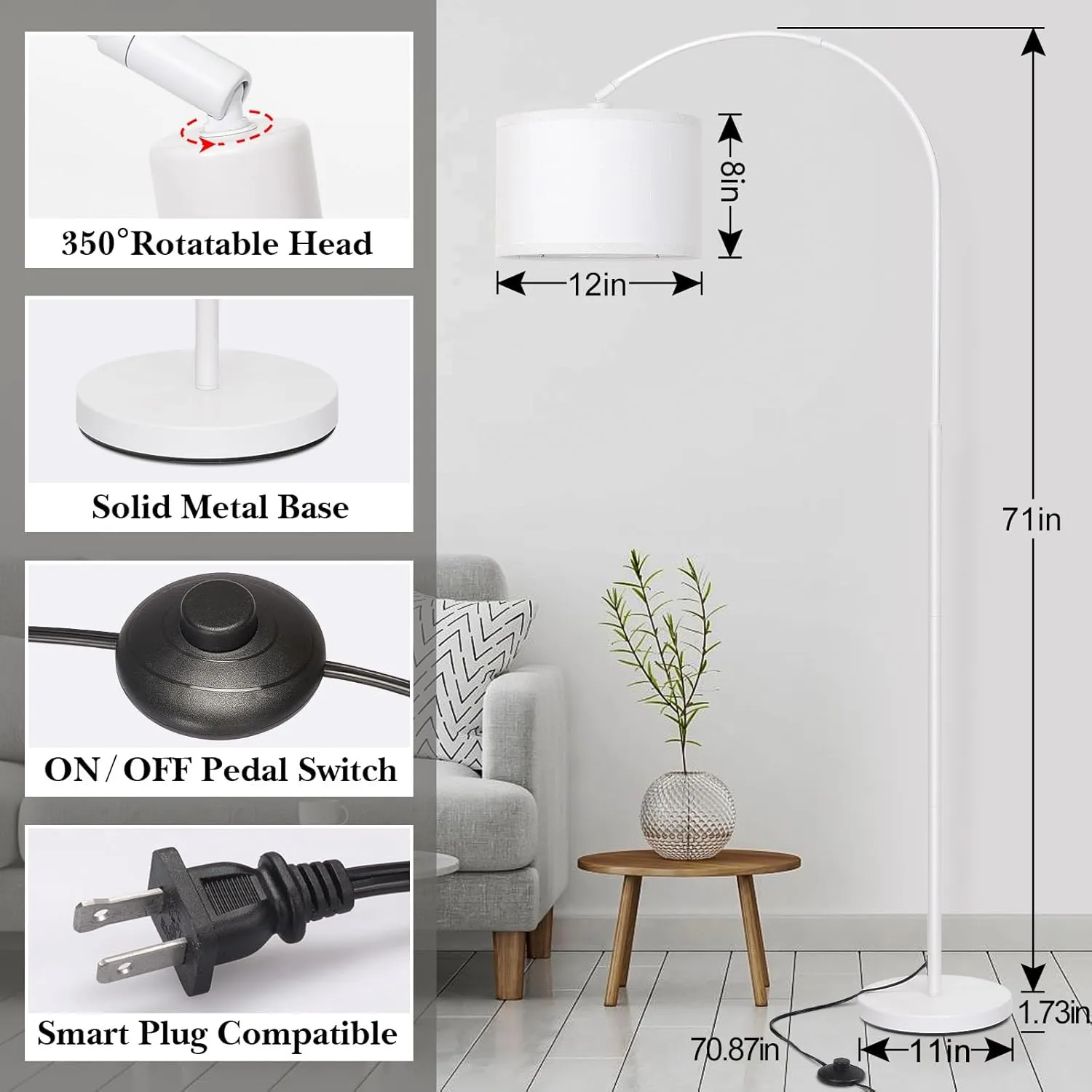 White Arc Floor Lamp, Modern Floor Lamp for Living Room with Adjustable Lamp Head, Tall Pole Standing Lamp with On/Off Pedal Switch, Over Couch Arched Reading Light for Bedroom, Office, Study Room