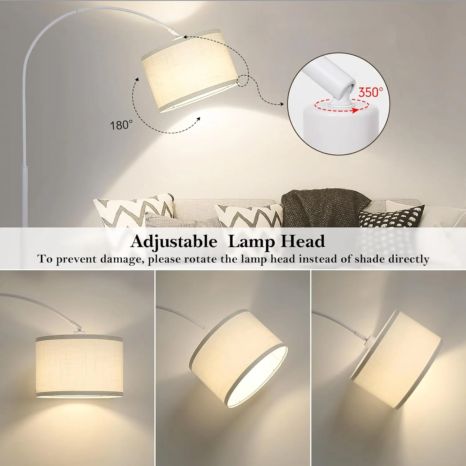 White Arc Floor Lamp, Modern Floor Lamp for Living Room with Adjustable Lamp Head, Tall Pole Standing Lamp with On/Off Pedal Switch, Over Couch Arched Reading Light for Bedroom, Office, Study Room