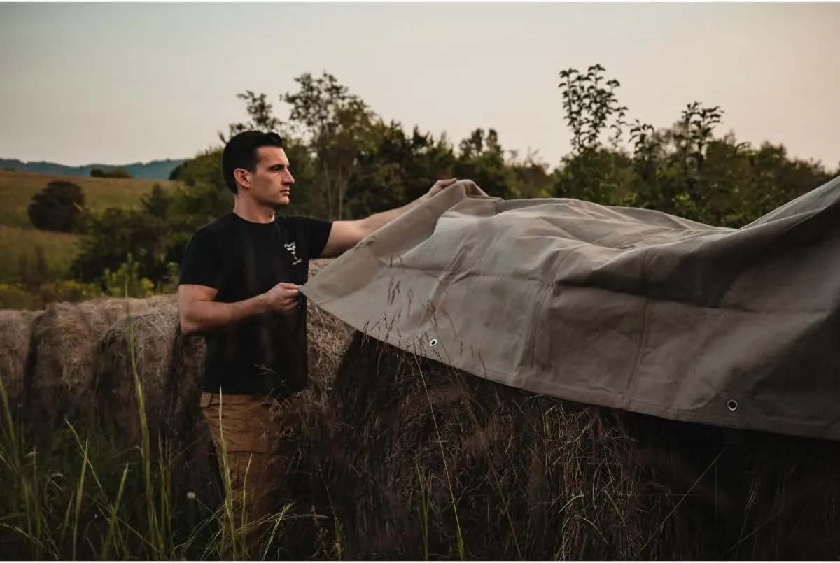 WHITEDUCK 10'x12' Canvas Tarp 18 oz/37 Mil Heavy Duty Waterproof UV Resistant, Rustproof Grommets, Industrial & Commercial Use Cloth Tarp (Finished Size: 9'6"x11'6", Grey)