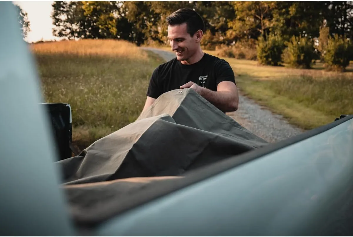 WHITEDUCK 10'x12' Canvas Tarp 18 oz/37 Mil Heavy Duty Waterproof UV Resistant, Rustproof Grommets, Industrial & Commercial Use Cloth Tarp (Finished Size: 9'6"x11'6", Grey)