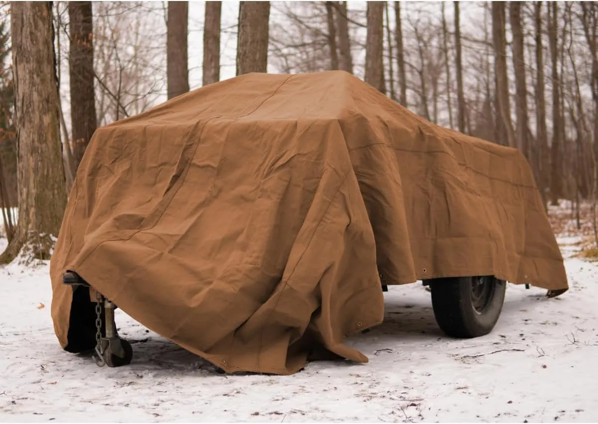 WHITEDUCK 10'x12' Canvas Tarp 18 oz/37 Mil Heavy Duty Waterproof UV Resistant, Rustproof Grommets, Industrial & Commercial Use Cloth Tarp (Finished Size: 9'6"x11'6", Grey)