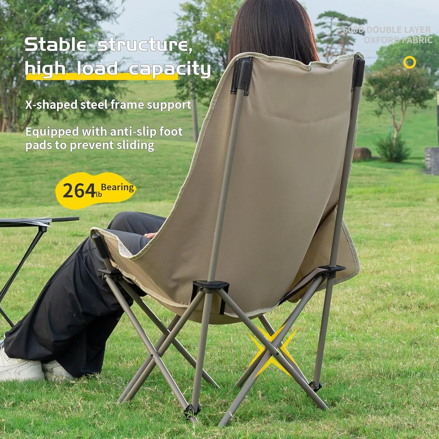 Whitsunday Camping Chair,Compact Backpacking Outdoor Chair,High Back Portable Folding Moon Chair for Heavy People,Beach Chair with Side Pocket-Khaki